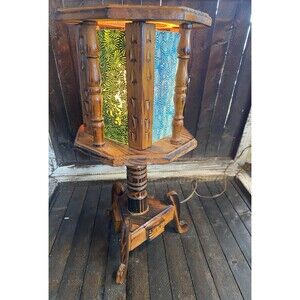 Vintage Arts & Crafts Movement Hand Carved Wood & Multi Color Glass Table Lamp